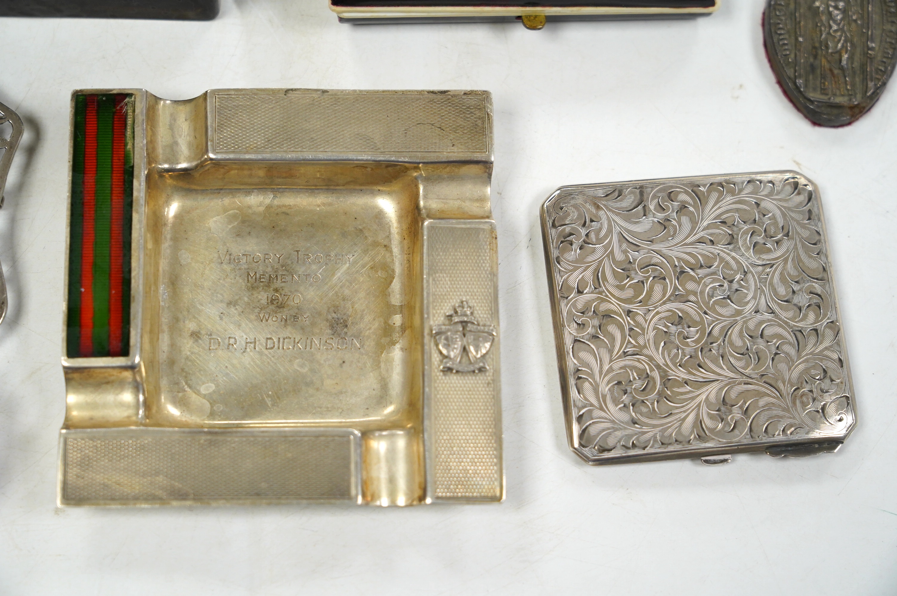 A George III silver nutmeg grater, Thomas Wilmore, Birmingham, 1801, 41mm, together with sundry other items including a silver ashtray and a sterling compact, Condition - poor to fair